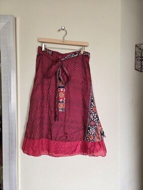 Women's Silk A-Line Wrap Skirt in Red & Black Stripe Floral